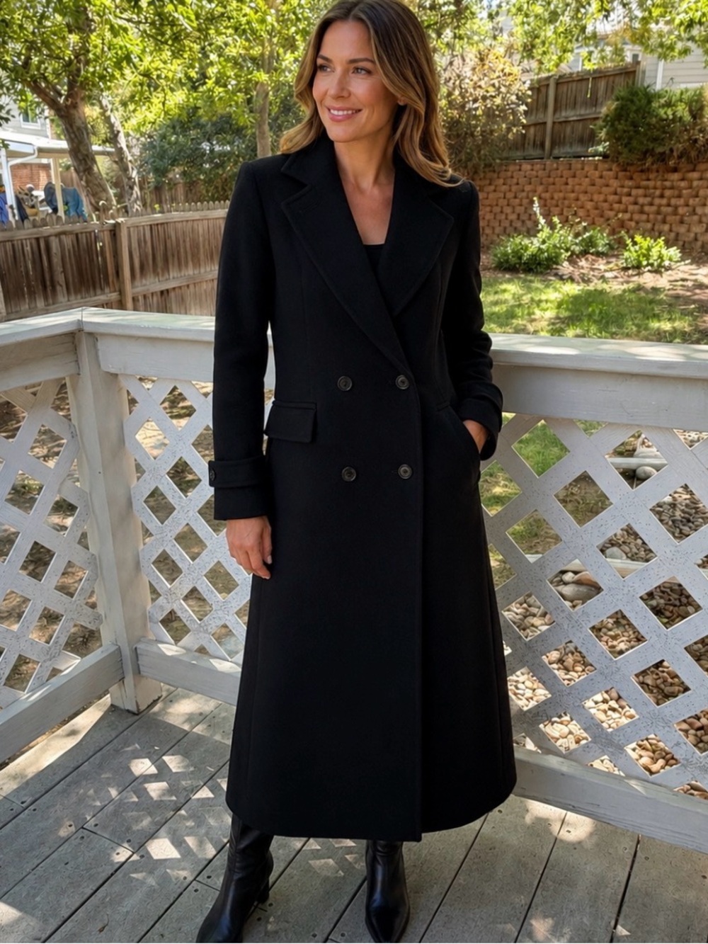 Vintage Karen Long Wool Cashmere Black Trench Coat Double Breasted Women’s Small